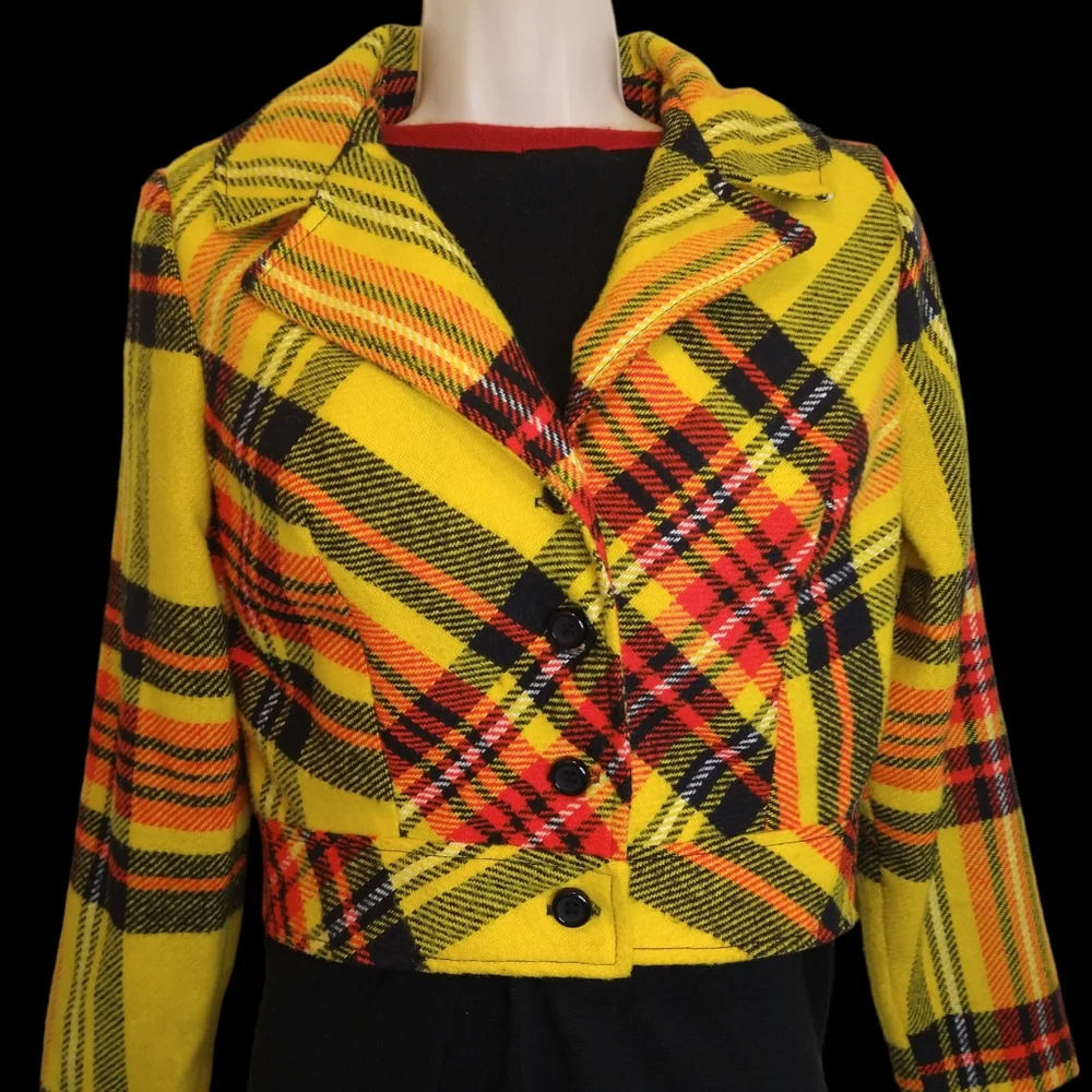 Vintage 1970's Handmade Plaid Button-up Jacket-Women's Small-Yellow, Black & Red - Picture 1 of 8